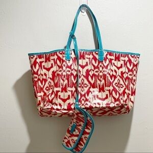 CLAVA Women’s WELLIE MARKET TOTE in Red Turquoise Ikat Print